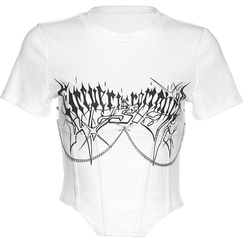 Sexy Slim Fit Cropped Short Sleeved T-shirt For Women's Summer Style Base, Designed With A Metallic Chain Print Top_voghion.com