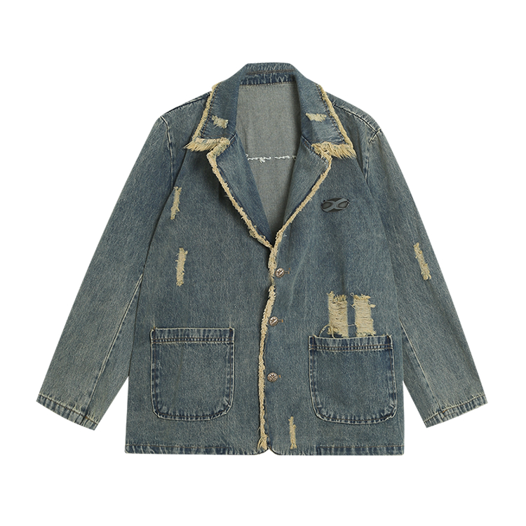 Fall Winter Streetwear Long Sleeve Notched Demin Blazer Women Oversize Distressed Ladies Suit Blazers Female Cowboy Coat_voghion.com