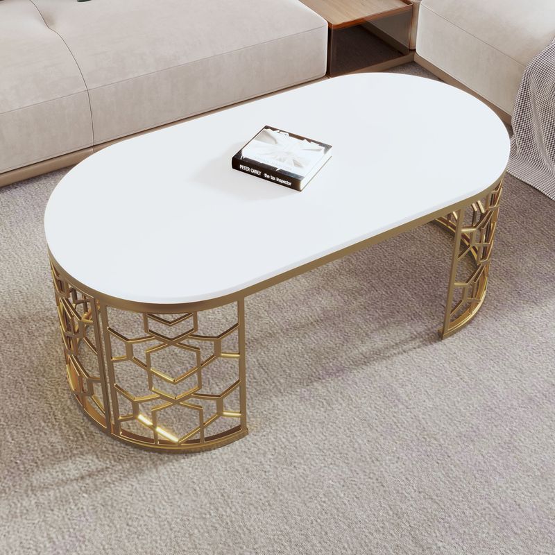 Modern Oval Coffee Table With Cut-Out Pattern Metal Stainless Steel Frame In 47.2"_voghion.com