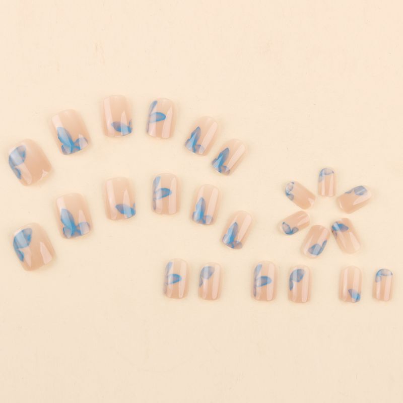 False Nails Wear Short 24 Pieces Of False Nails European Square Simple Small Fresh Blue Butterfly Nail Art Pieces Detachable_voghion.com