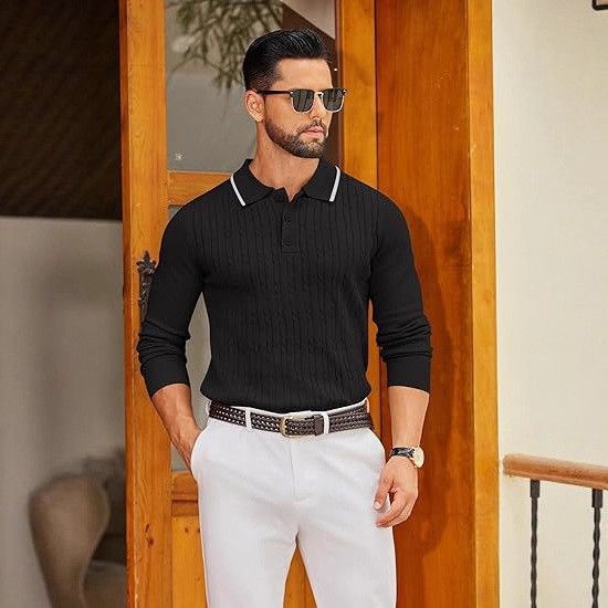 Men’s Textured Knit Sweater – Autumn Loose-Fit Crewneck Pullover With Jacquard Pattern (S-XXL, Moisture-Wicking, Black/Brown/Green, Business Casual)_voghion.com