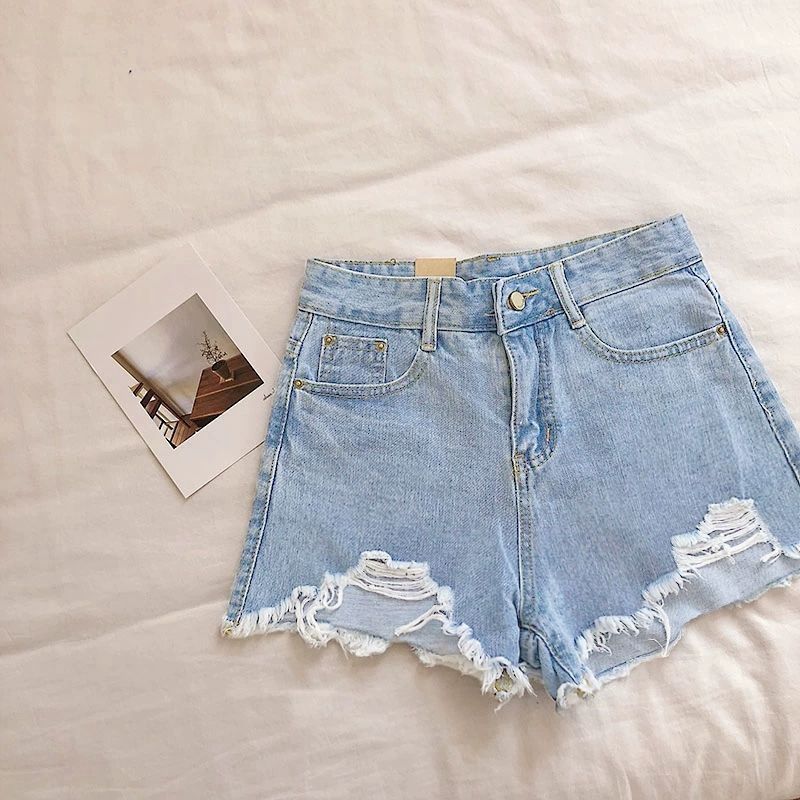 2025s Denim Shorts For Women, Summer New Korean Style, Loose Fit, Versatile, Slimming, Internet Celebrity Ripped Frayed Wide_voghion.com
