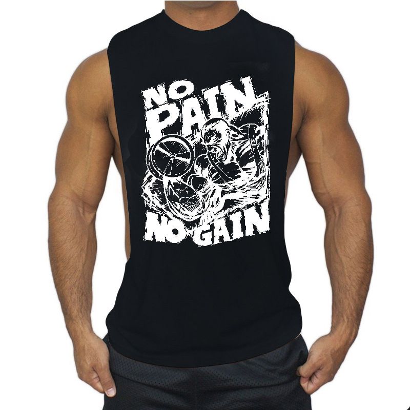 Canotta sportiva da uomo in cotone, vestibilità ampia, con spacchi laterali, per bodybuilding, PAIN NO GAIN_voghion.com