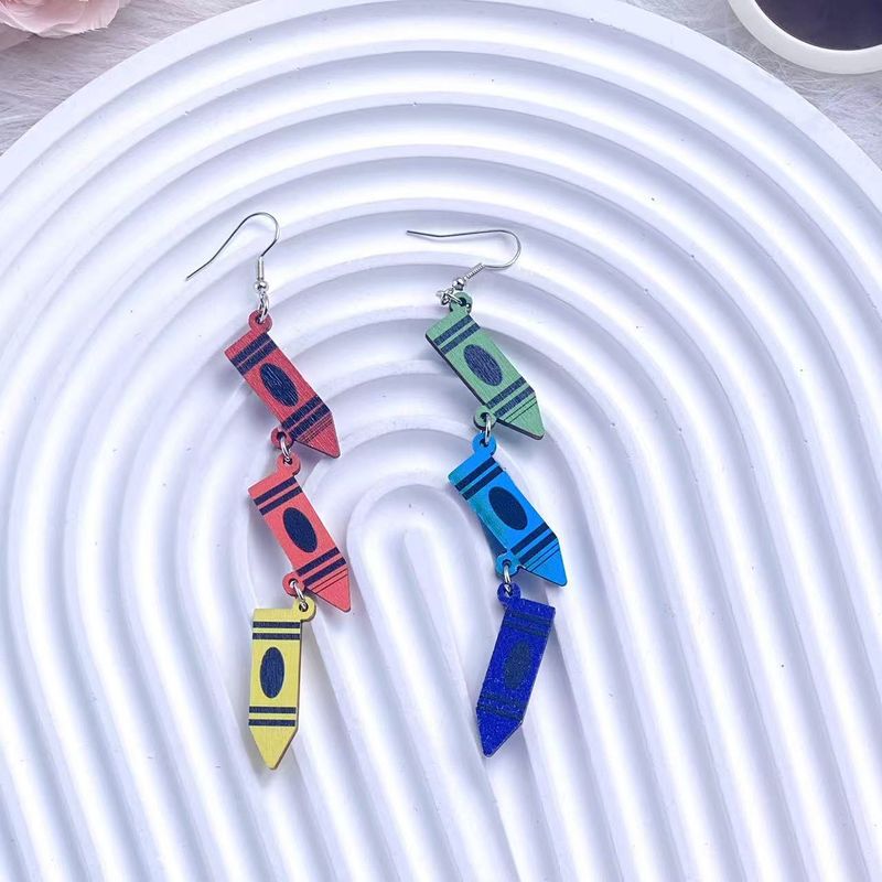 Pendentif crayon coloré personnalisé, cadeau pour enseignant, boucles d'oreilles à pompon en bois double face arc-en-ciel_voghion.com
