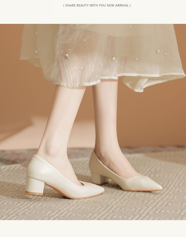 Franse stijl crèmewitte hoge hakken voor 2025 Nieuwe aankomst Elegante zachte leren dikke hak Niet vermoeide voeten Platte schoenen_voghion.com