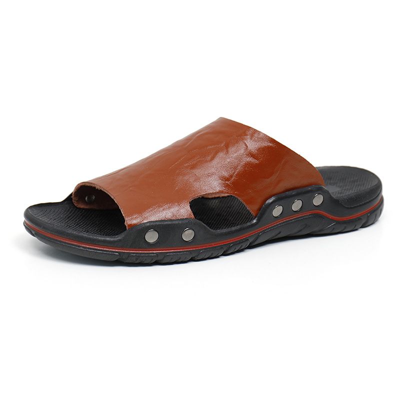 Große Größe 48 Ein-Wort-Hausschuhe für Männer zum Tragen zu Hause, Sandalen mit offener Spitze, Watstrand S, Hausschuhe aus Rindsleder, Herren_voghion.com