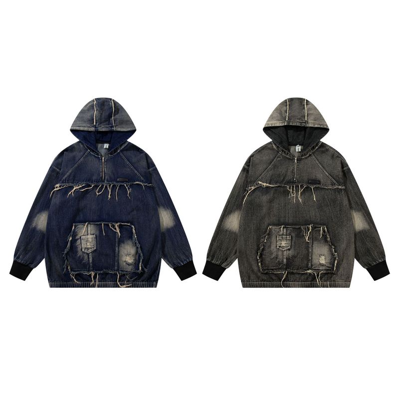 Men's Clothing New High Street Trendy Brand Denim Hoodie Wasteland Style Washed Splicing Hooded Sweatshirt_voghion.com