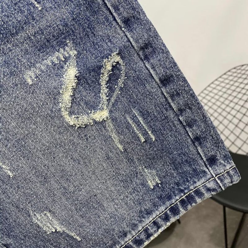 Vintage Light Blue Labeled Men's Denim Shorts - Slim Fit Stretch Summer Casual Shorts With Distressed Wash_voghion.com