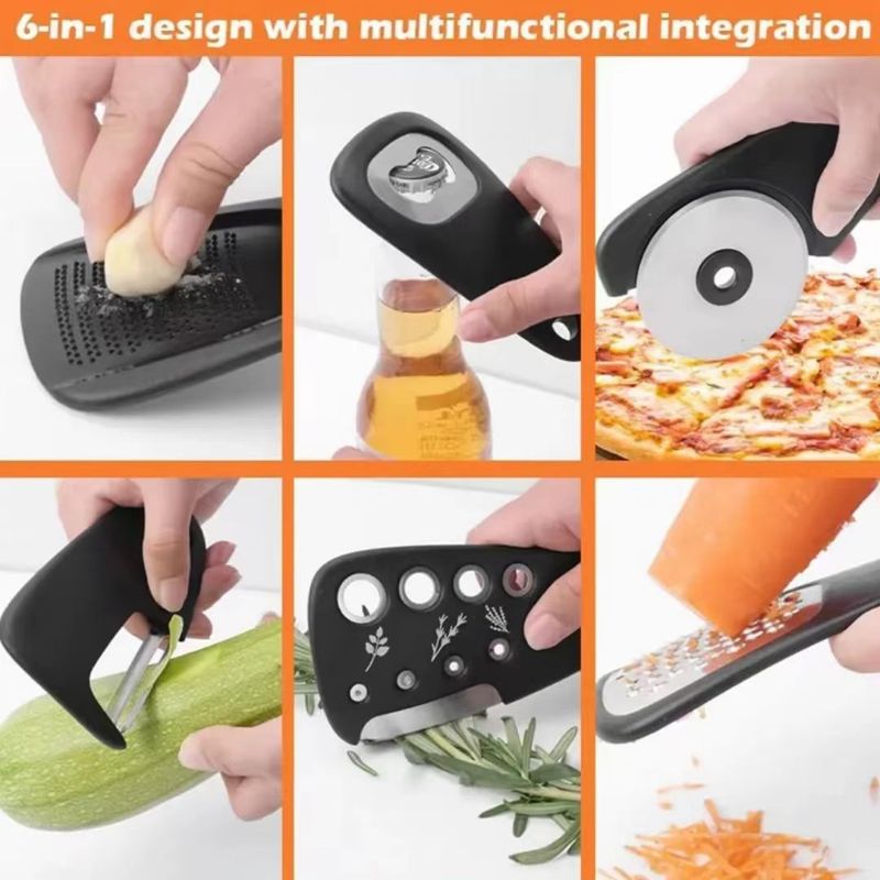 Stackable Kitchen Gadgets 6-Piece Set: Melon Peeler, Herb Cutter, Garlic Grinder, Can Opener, Cheese Grater, Pizza Knife_voghion.com