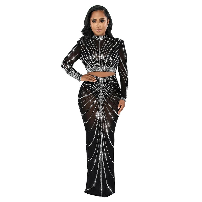 Completo abito a maniche lunghe in rete trasparente e strass – Elegante abito da sera in due pezzi con sovrapposizione decorata (nero/blu/rosso/carne/bianco, dalla S alla XXL)_voghion.com