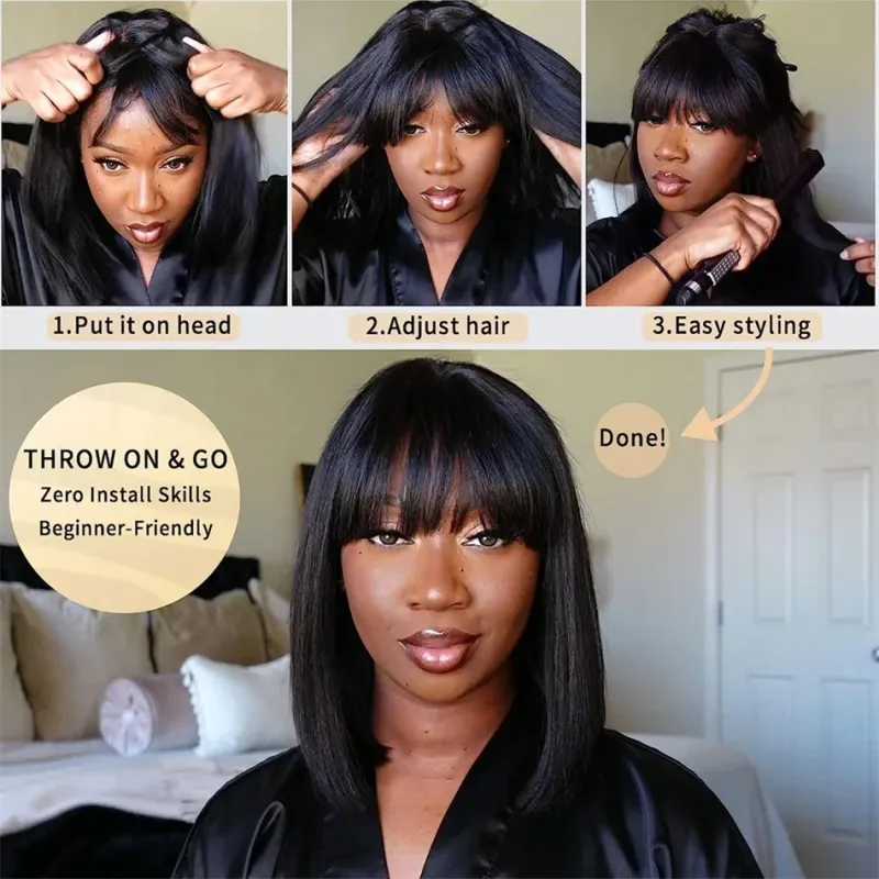 Braziliaanse pruik van echt haar met pony Remy steil haar Bob pruiken Volledig machinaal gemaakte pruik voor vrouwen 8-14 inch Lijmloze bob pruiken_voghion.com