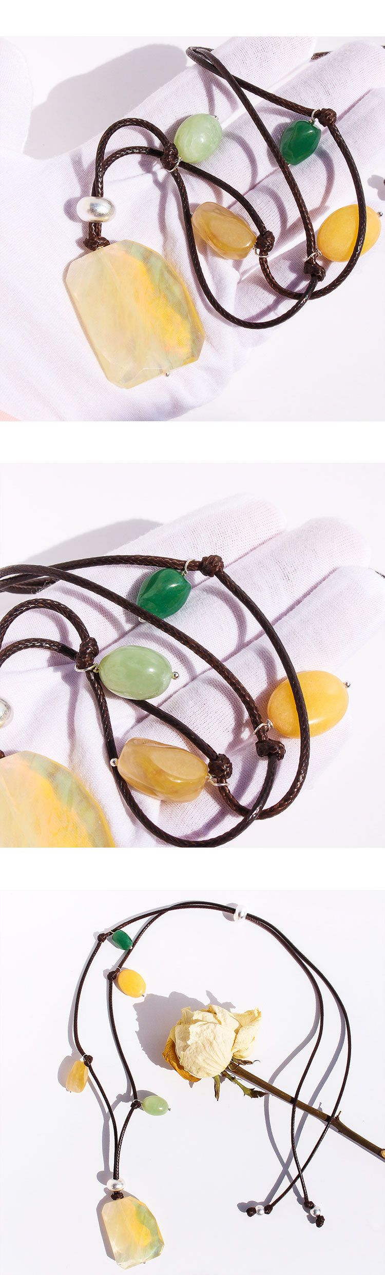 Women's Jewelry Long Statement Necklace With Natural Stone Pendant, Handmade Brass Beaded Boho Summer Fashion Accessory For Vacation_voghion.com