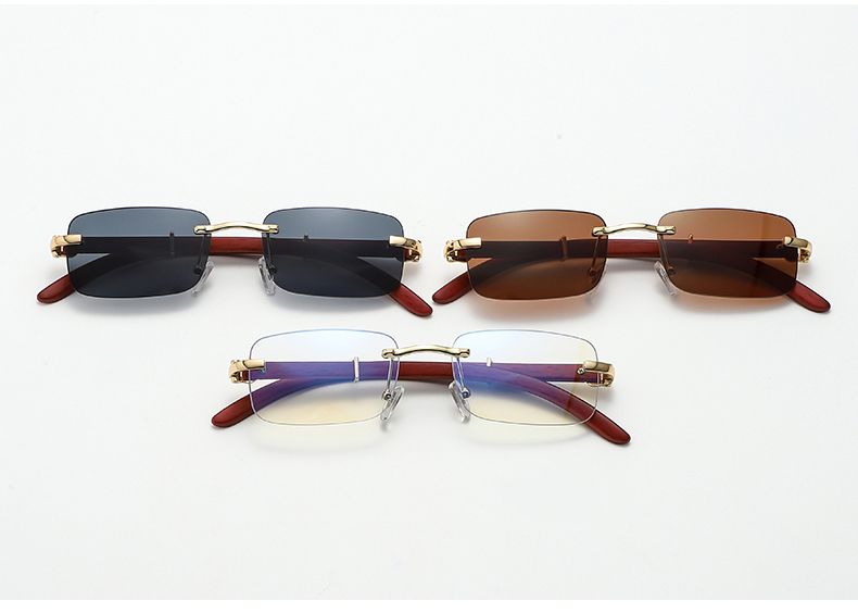 Occhiali da sole rettangolari senza montatura alla moda da donna, occhiali da vista quadrati vintage, design retrò, montatura in legno, occhiali da sole sfumati_voghion.com