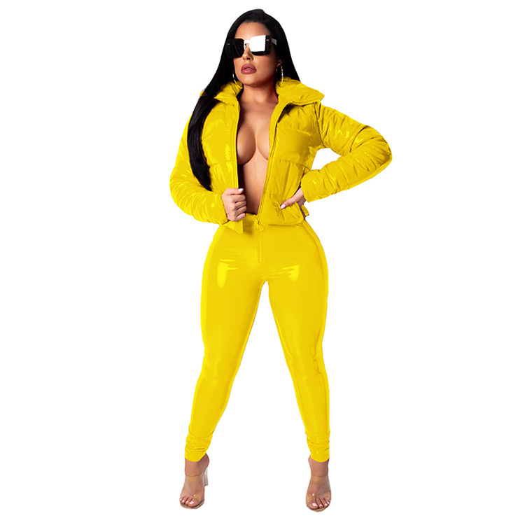 Giacca imbottita in pelle PU brillante da donna, giacca calda, nuovo cappotto solido autunnale e invernale_voghion.com