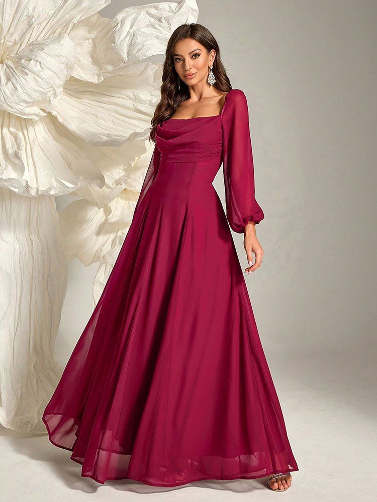 Vestido de noite feminino em chiffon bordô com mangas lanterna, elegante vestido de festa em corte A com cintura alta para banquetes e ocasiões formais_voghion.com