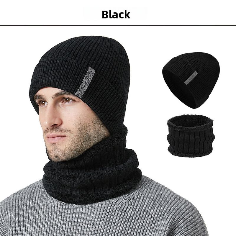 Autumn Winter New Men's Thickened And Scarf Outdoor Fleece-Lined Warm Ear Protection Knitted Hat Two-Piece Set_voghion.com