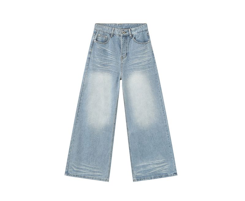 EF JEANS | 2024 Yeni Amerikan Yıkanmış Kırışık Tasarım Duygusu Düz Paspas Eski Açık Mavi Kot Pantolon_voghion.com