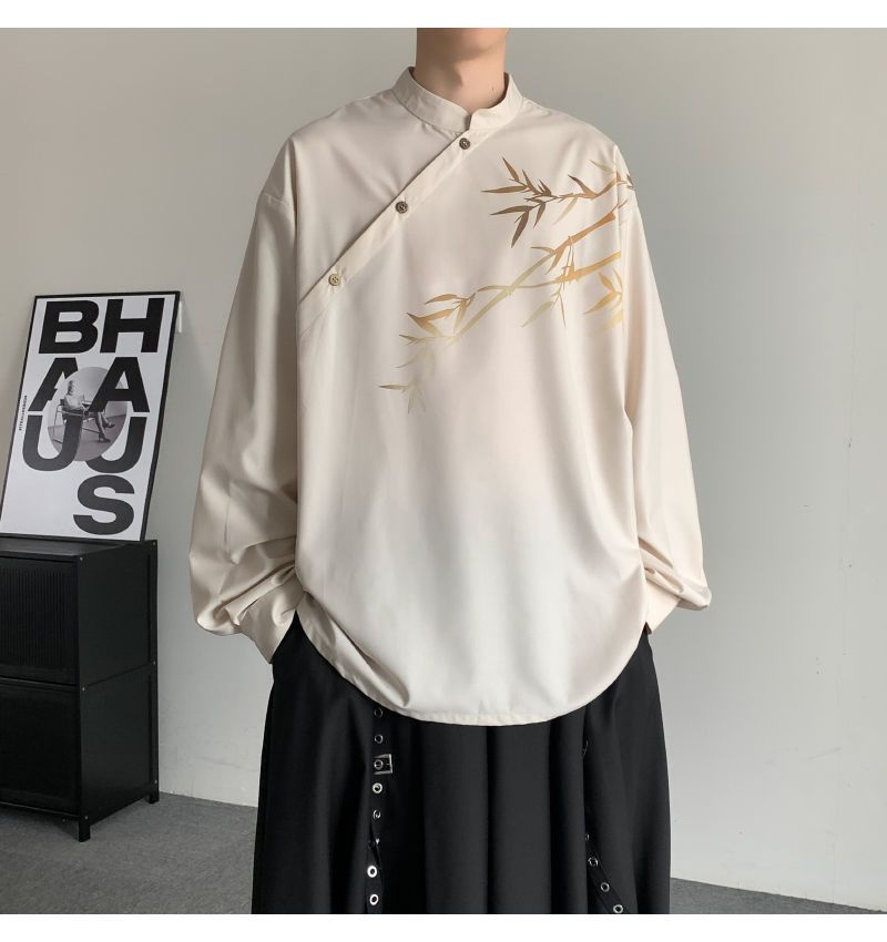gradient slanted placket long sleeved shirt for men in autumn, niche new Chinese style shirt, plus size Zhongshan top_voghion.com