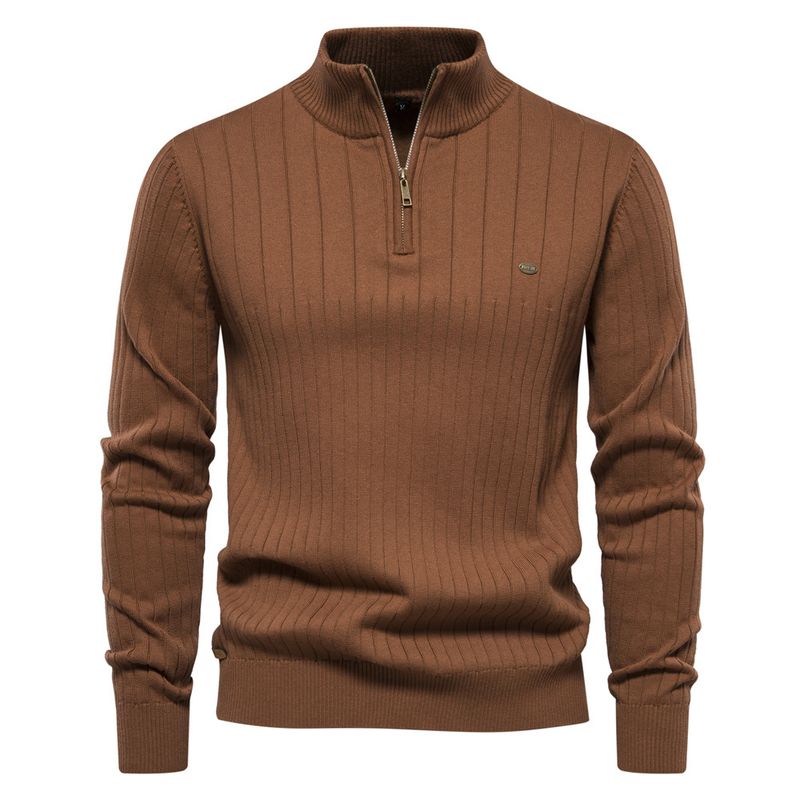 Stand-up Kraang Kotteng Casual Hallefverschluss Einfarweg Pullover héichwäerteg Männer gestrickt Pullover_voghion.com