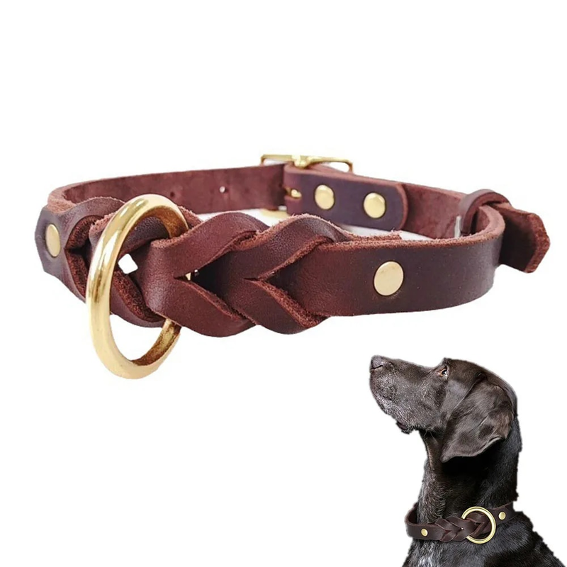 Hochwertiges, echtes, geflochtenes Halsband, verstellbar, weiches, echtes Leder, Trainingshalsband für Haustiere mit rostfreien Metallbeschlägen_voghion.com