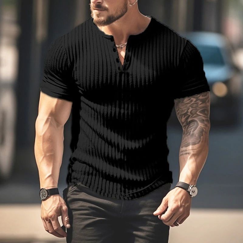 T-shirt à manches courtes pour hommes, sport, amincissant, muscle, fitness, fil élastique, ajusté, couleur unie, American Henry_voghion.com