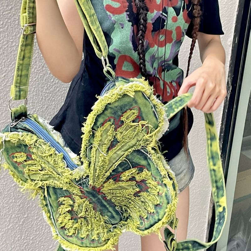 Dizaino tendencijos „Butterfly“ džinsinio stiliaus kuprinės per petį_voghion.com