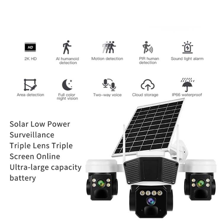 Telecamera di sicurezza solare 4G a tripla lente con HD da 6 MP, visione notturna e monitoraggio mobile remoto per uso esterno_voghion.com
