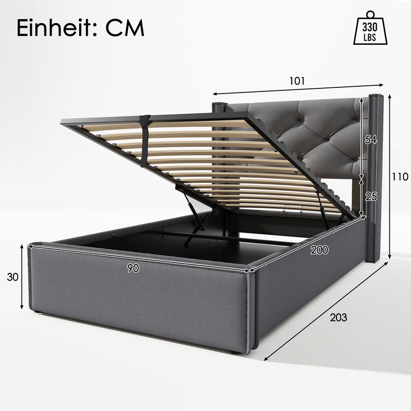 Lit simple avec rangement hydraulique 90 x 200 cm, matelassé avec sommier à lattes métalliques, cadre de lit moderne en coton gris._voghion.com