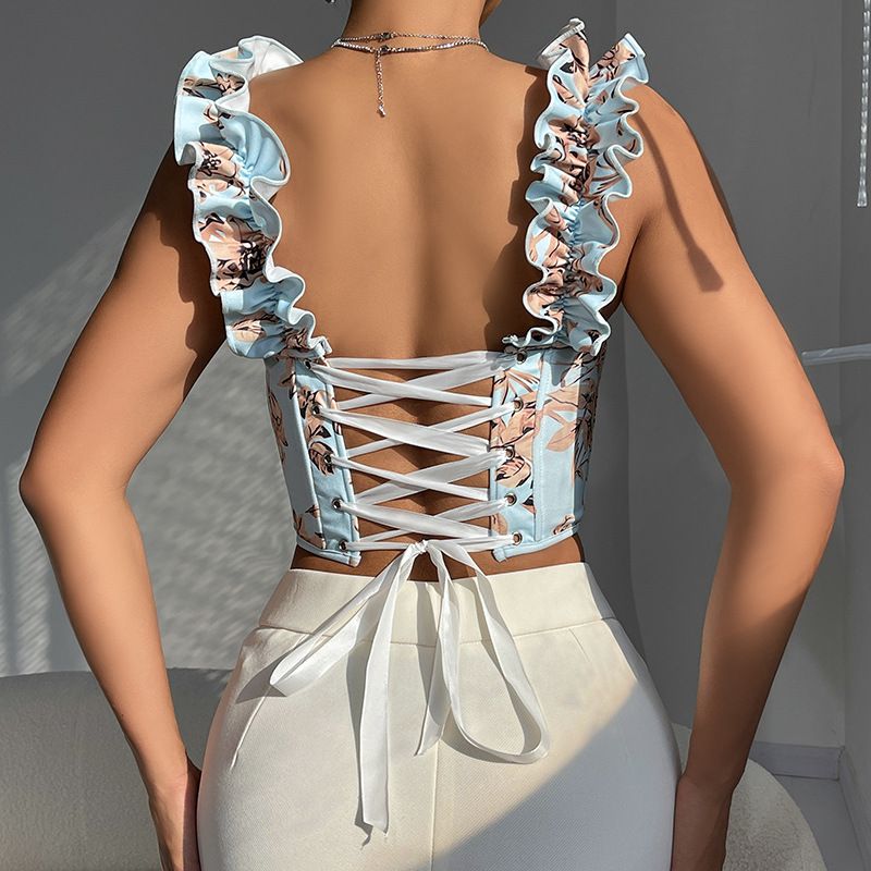 Sweet New V neck Sexy Print Design with Chest Pad Fishbone Slimming Back Strap Top_voghion.com