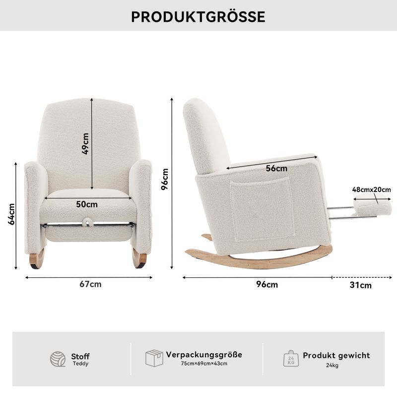 Fauteuil à bascule 044 avec pouf, fauteuil inclinable d'intérieur à dossier haut en tissu Teddy blanc pour salon_voghion.com