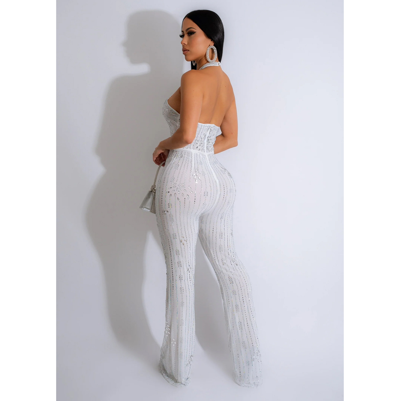 Damkläder mode kvinnors enfärgade heta diamanter ärmlösa halterneckbyxor jumpsuit_voghion.com