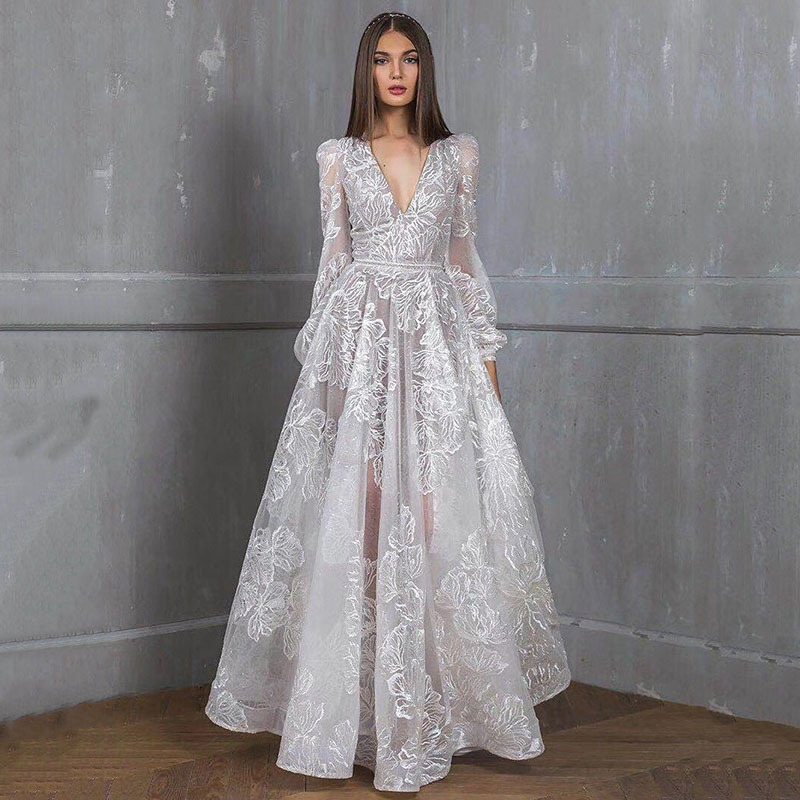 Damen Perlenkleid, Spitzenstickerei, Hochzeitskleid, Abendkleid, Bankettkleid_voghion.com