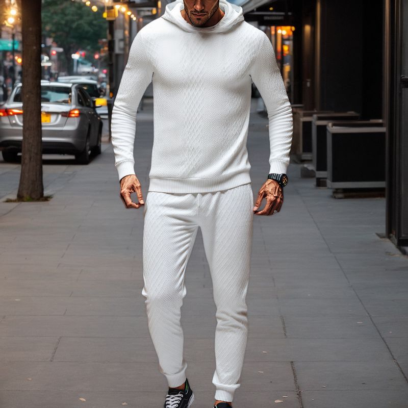 Completo casual da uomo con felpa con cappuccio e pantaloni da jogging con stampa jacquard - Comodo pullover a maniche lunghe e pantaloni larghi per sport e tempo libero_voghion.com