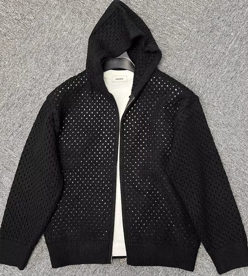 Cardigan à capuche ajouré pour le printemps et l'automne, tenue de couple, veste pull zippée, vêtements d'extérieur tricotés pour hommes, style vieilli_voghion.com