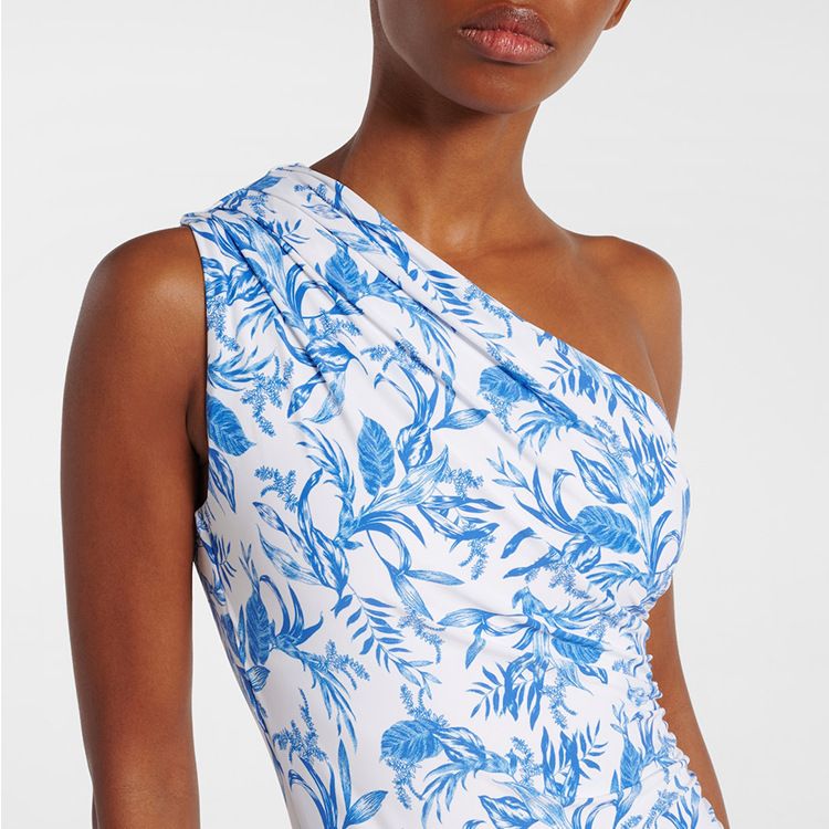 Maillot de bain une pièce bleu à fleurs pour femme – Design frais aux épaules, style européen et américain_voghion.com