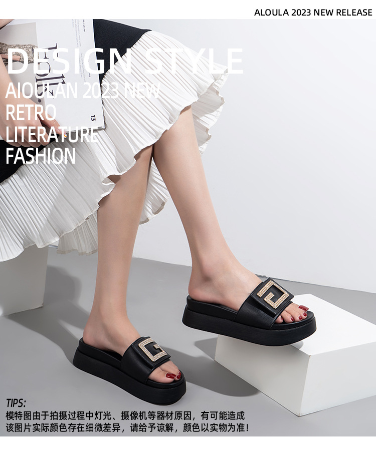 Γυναικεία σανδάλια και παντόφλες με δερμάτινο χοντρό πάτο φορώντας στρας μικρού μεγέθους με επίπεδο πάτο παντεσπάνι προσωπικότητας casual παπούτσια_voghion.com