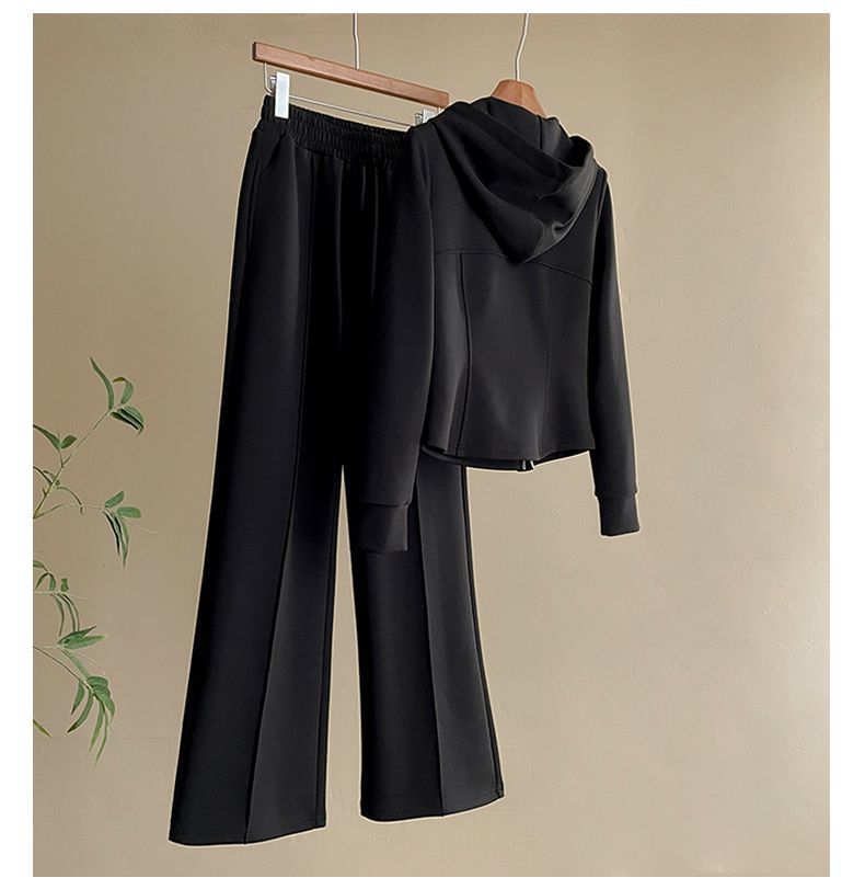 Conjunto deportivo elegante para mujer: sudadera con capucha y pantalón recto, conjunto informal y cómodo de dos piezas para uso diario._voghion.com