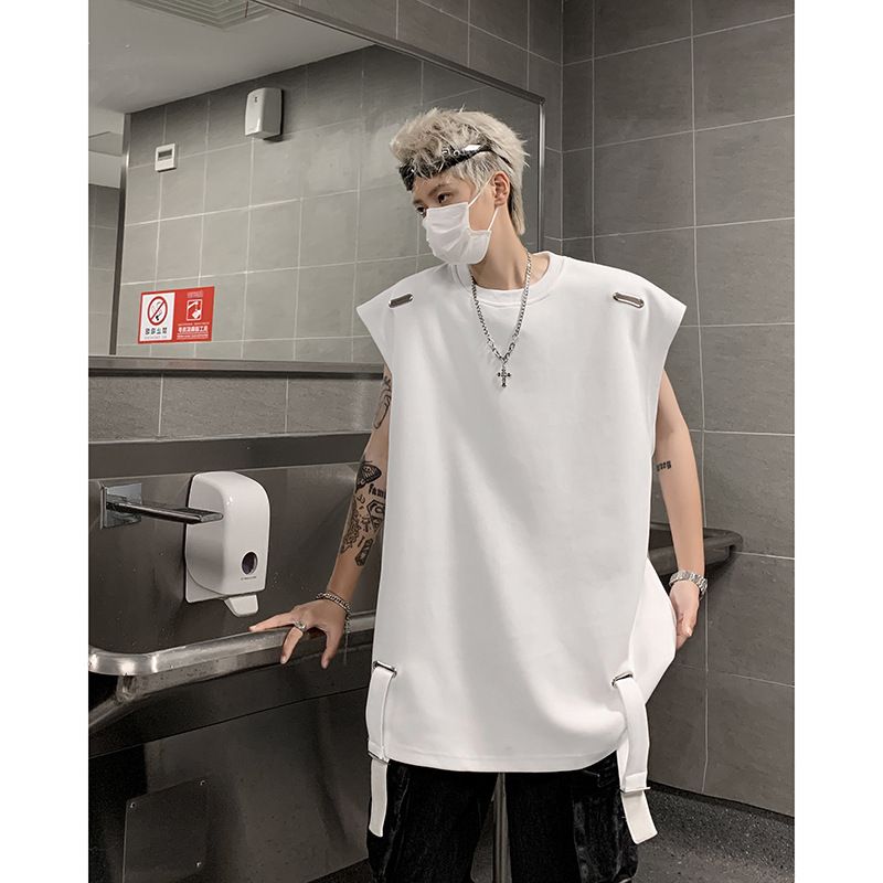 High Street Sleeveless T-shirt With Small Neckline Design, Camisole, Men's Trendy Summer American Short Sleeved Shirt_voghion.com