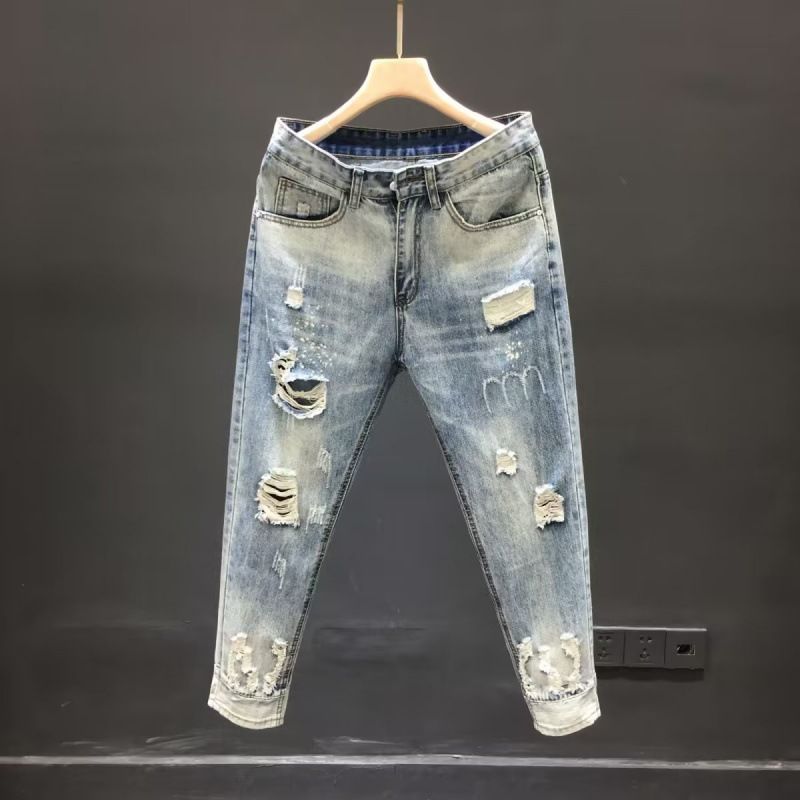 Distressed Jeans für den Herrensommer, neue trendige Hosen im koreanischen Stil, Slim Fit, helle, verkürzte Leggings_voghion.com