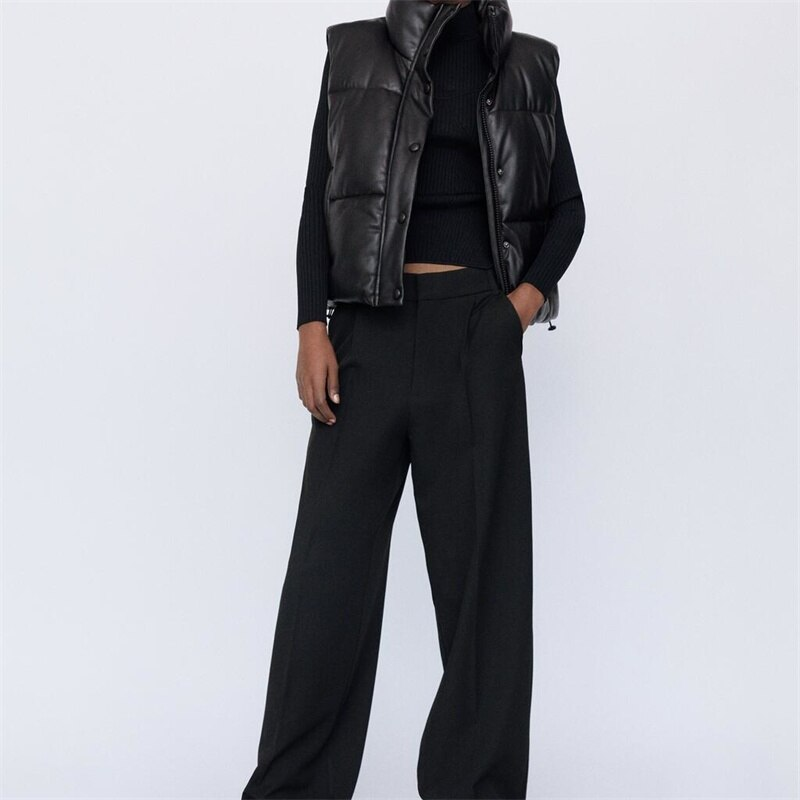 Amerikanischen Retro Frauen Schwarz Pu Puffy Weste Winter Dicke Parkas Jacke Mode Mäntel Faux Leder Unten Weste Lose Weste_voghion.com