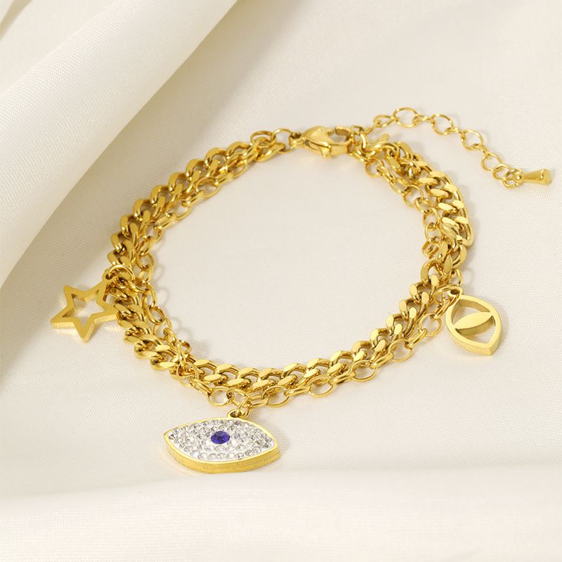 Diamond-encrusted Zircon Devil's Eye Double-layer Necklace Female Personality Versatile Stainless Steel Gold-plated Bracelet_voghion.com