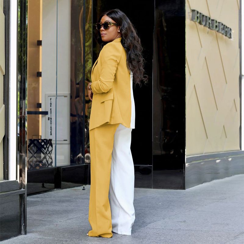 Autumn Winter New Trendy Color Block Simple Style Sleeve Blazer Fashion Casual Long Pants Suit_voghion.com