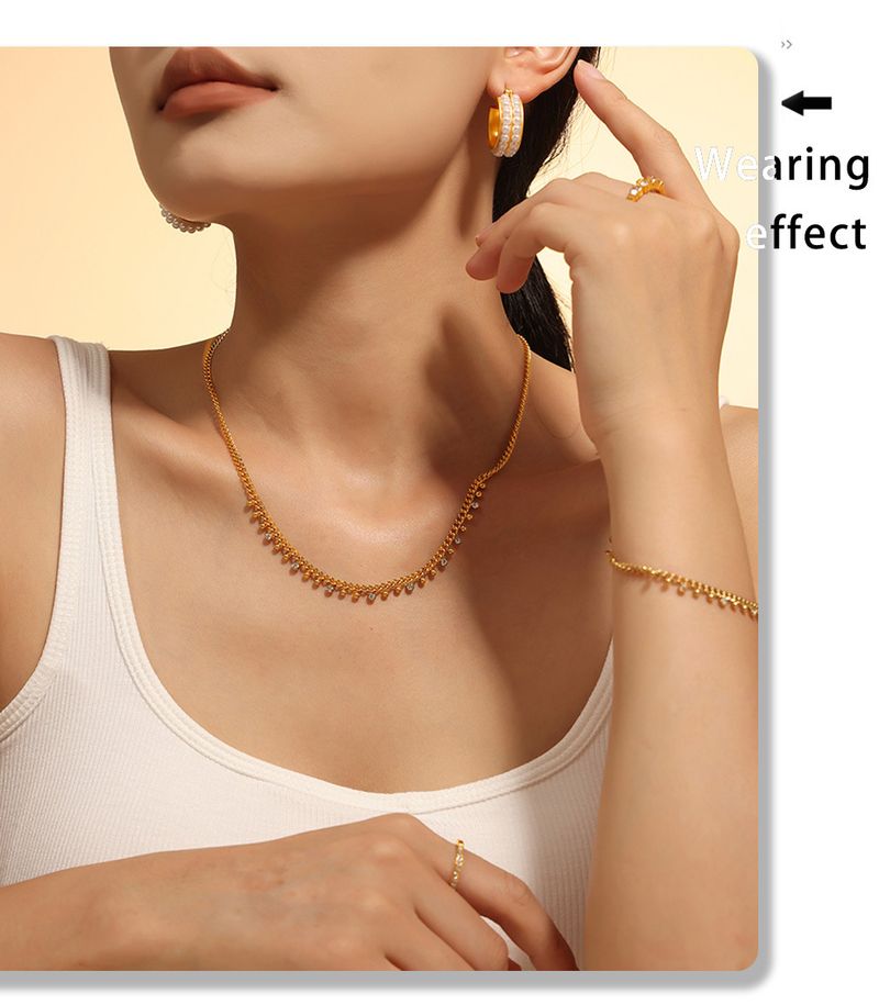 Titanium Steel Small Round Bead Inlaid Rhinestone Interval Pendant Tassel Necklace Bracelet Set_voghion.com
