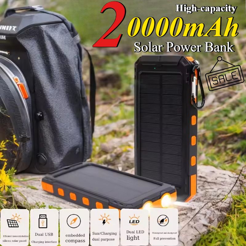 20000-mAh-Solar-Powerbank mit großer Kapazität für den Außenbereich, geeignet für iPhone, Huawei, Xiaomi, Samsung_voghion.com