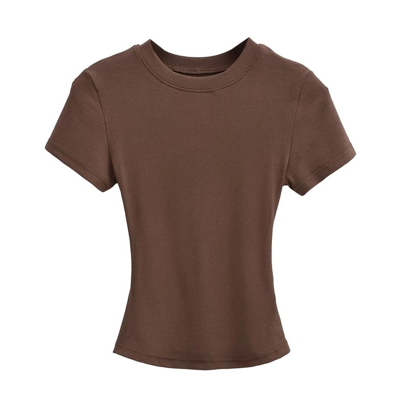 Maglietta estiva da donna sexy con scollo rotondo e maniche corte, tinta unita, con cuciture a vista_voghion.com