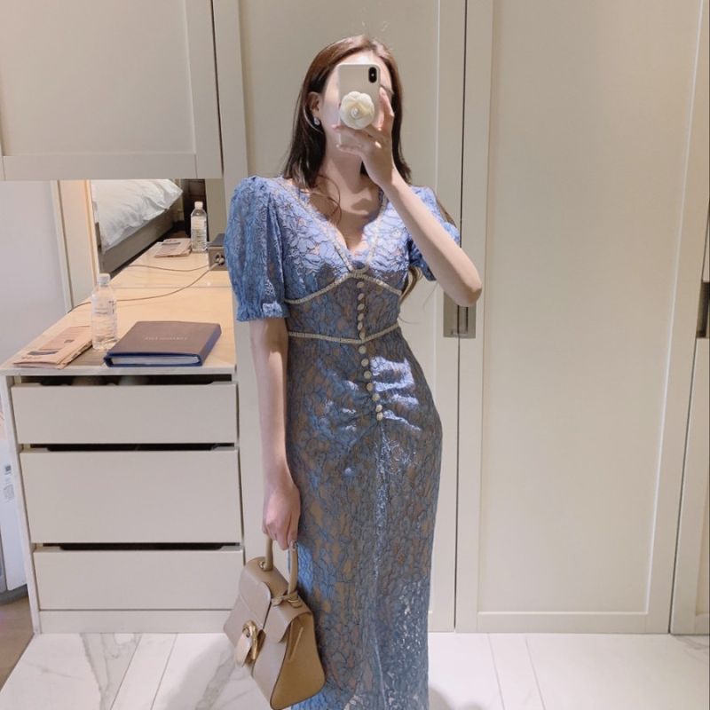 Blaues französisches Abendkleid, kann ein Spitzenkleid mit prominentem Temperament tragen, Frauen, Sommer 9433_voghion.com