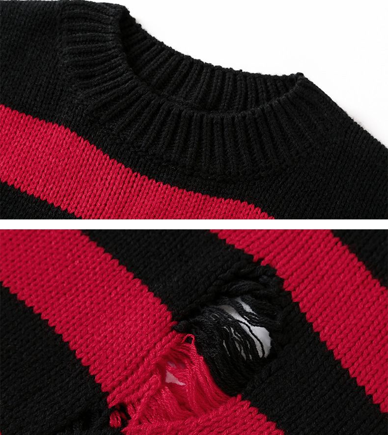 Oversized Distressed Knit Sweater For Men Crewneck Pullover With Striped Color Blocking (Black/Red, Black/White,Black/Yellow, Black/Green, Red/White)_voghion.com