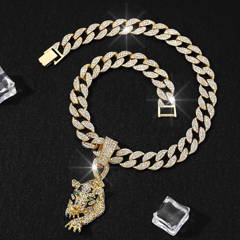 New Niche Personalit Leopard Pendant Full Of Diamonds, Fashionable Street Hip-hop Watch Buckle, Cuban Necklace_voghion.com