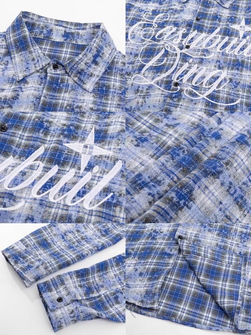 Camicia a quadri ricamata con lettere, giacca casual da uomo_voghion.com