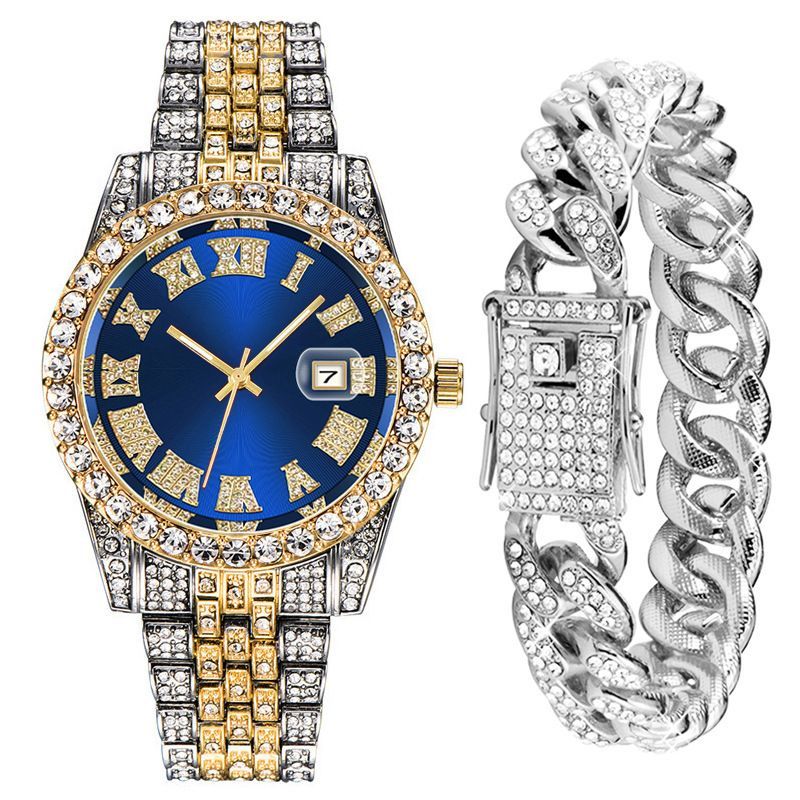 Set da 2 pezzi da uomo con bracciale cubano in oro e ricco intarsio di diamanti, orologio alla moda Hip Hop_voghion.com